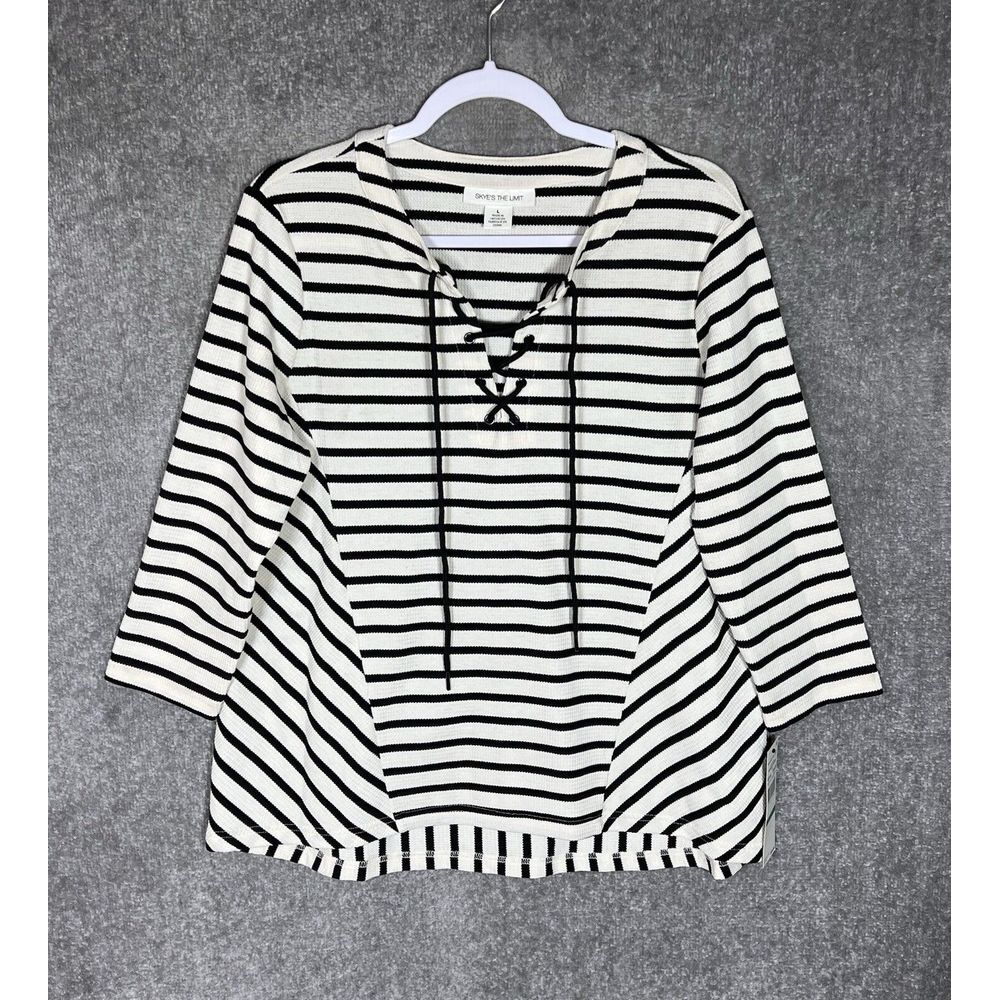Skyes The Limit Waffle Knit Top Womens Sz L Cream Black Striped Lace Up Neck New